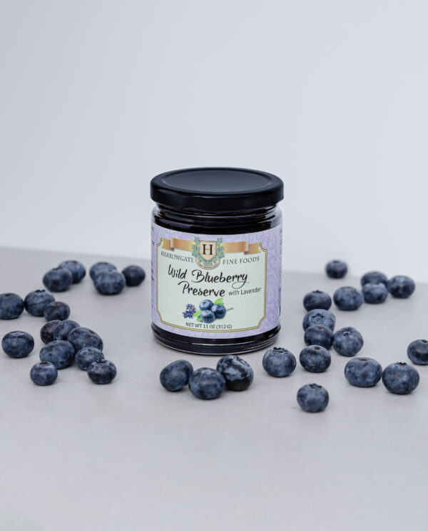 Jar of wild blueberry preserve with lavender