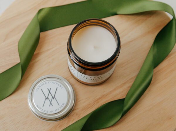 Balsam + Evergreen scented candle. Made locally by Welsh Mountain Candle Company in Lancaster County, PA.