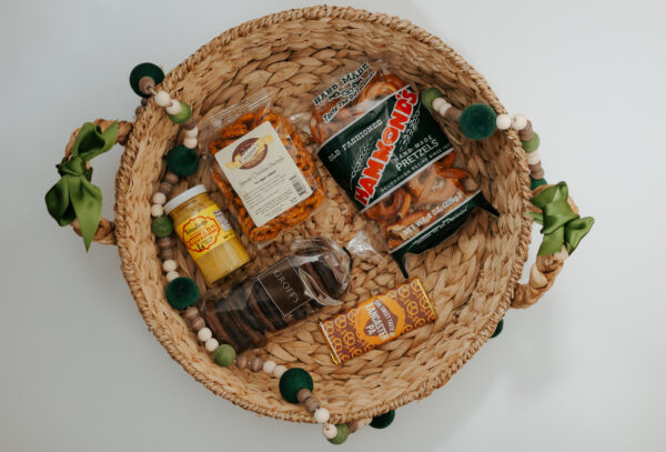 Pretzel themed gift box curated with products made in Lancaster County.