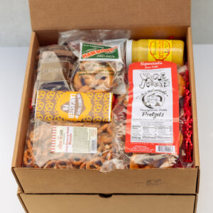The New Pretzel Edition Gift Box with handmade pretzels, seasoned pretzels, pretzel bar, horseradish mustard, and chocolate covered pretzels from Lancaster County