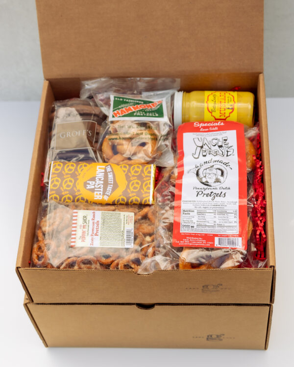 The New Pretzel Edition Gift Box with handmade pretzels, seasoned pretzels, pretzel bar, horseradish mustard, and chocolate covered pretzels from Lancaster County