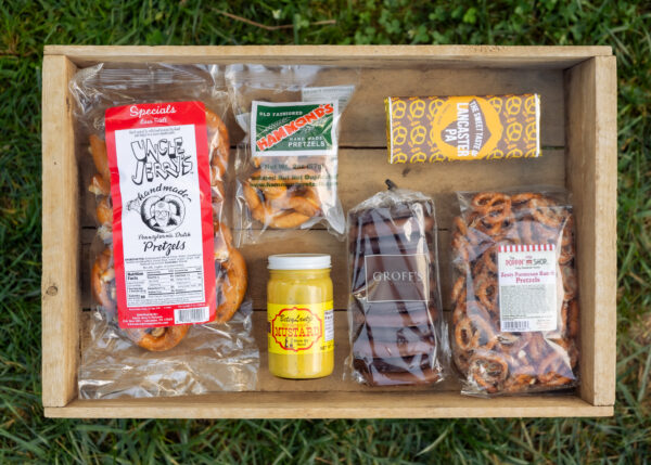 The New Pretzel Edition Gift Box with handmade pretzels, seasoned pretzels, pretzel bar, horseradish mustard, and chocolate covered pretzels from Lancaster County