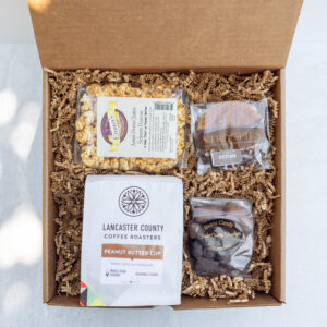 Chocolate Peanut Butter Edition Gift Box featuring local Lancaster County treats including coffee, popcorn, Stroopies, and chocolates.