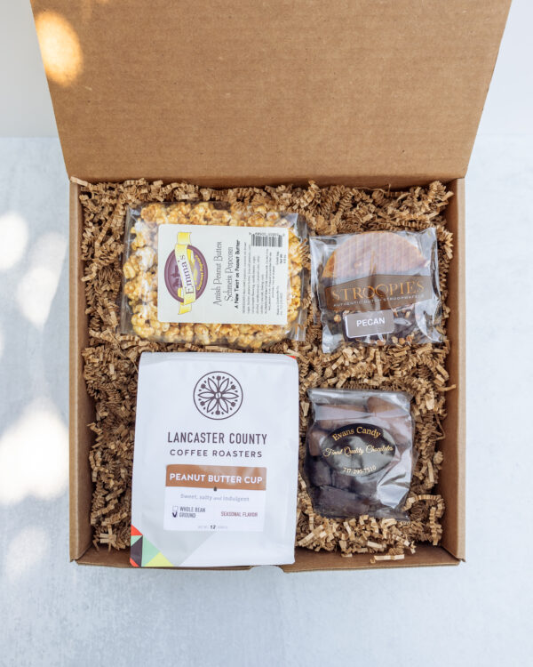 Chocolate Peanut Butter Edition Gift Box featuring local Lancaster County treats including coffee, popcorn, Stroopies, and chocolates.