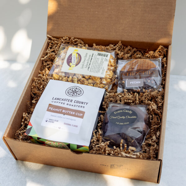 Chocolate Peanut Butter Edition Gift Box featuring local Lancaster County treats including coffee, popcorn, Stroopies, and chocolates.