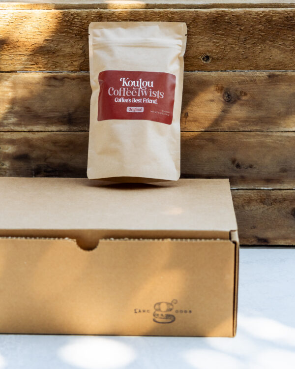 Bag of Koulou Coffee Twists labeled Coffee’s Best Friend, small batch shortbread cookies made in Lancaster.