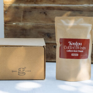 Bag of Koulou Coffee Twists labeled Coffee’s Best Friend, small batch shortbread cookies made in Lancaster.