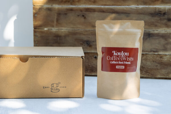 Bag of Koulou Coffee Twists labeled Coffee’s Best Friend, small batch shortbread cookies made in Lancaster.