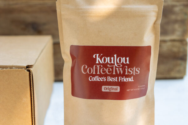 Bag of Koulou Coffee Twists labeled Coffee’s Best Friend, small batch shortbread cookies made in Lancaster.
