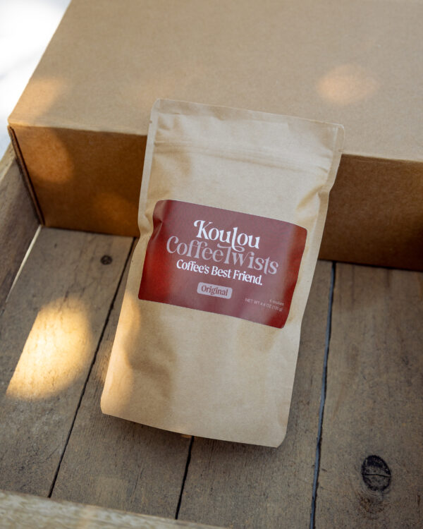 Bag of Koulou Coffee Twists labeled Coffee’s Best Friend, small batch shortbread cookies made in Lancaster.